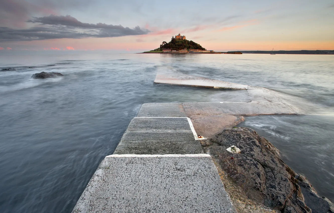 Фото обои море, пейзаж, маяк, England, St.Michaels Moun, Marazion