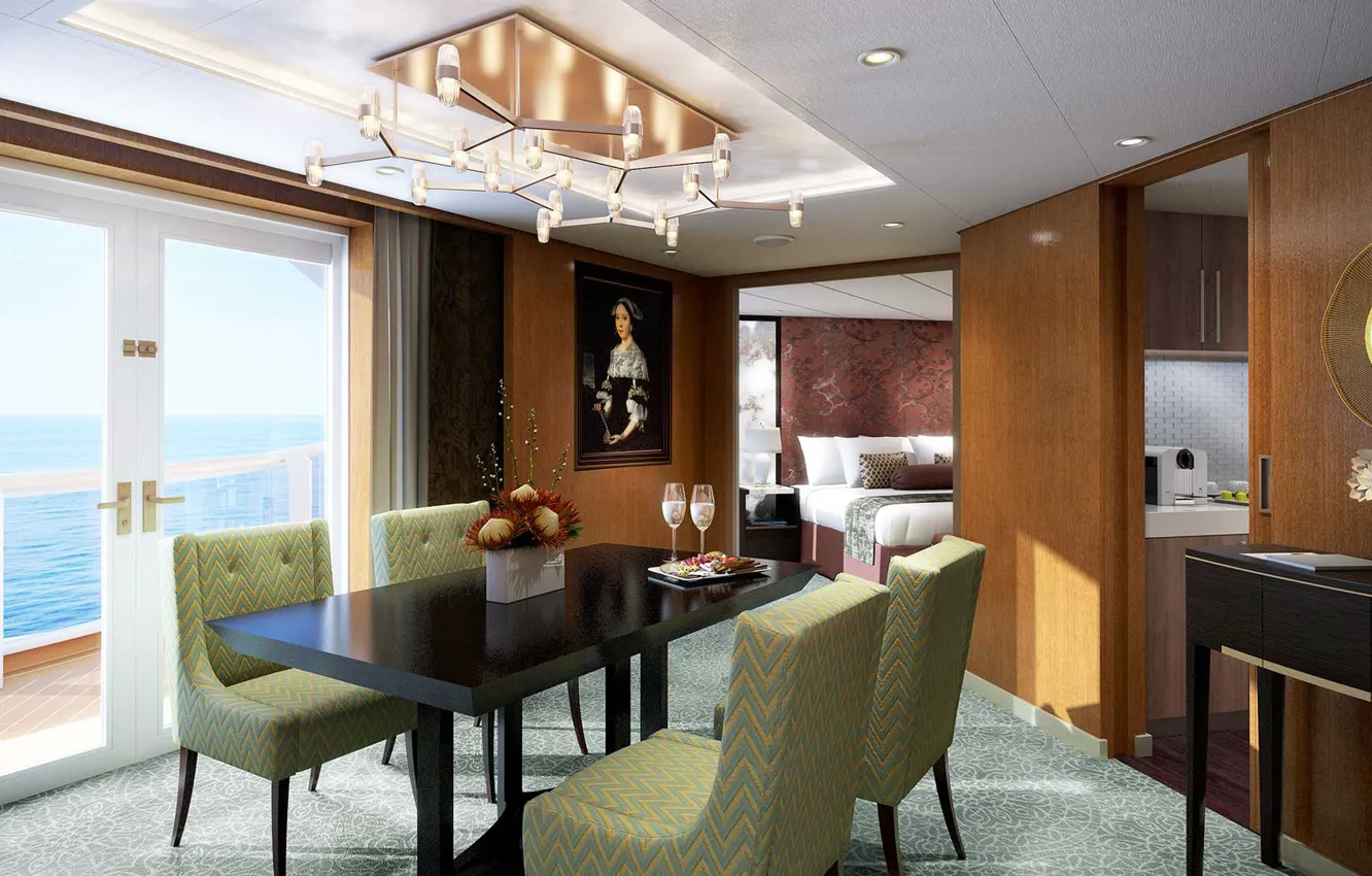 Фото обои интерьер, спальня, столовая, Holland America Line Company, Каюта категории SC - Люкс, круизный лайнер Westerdam, …