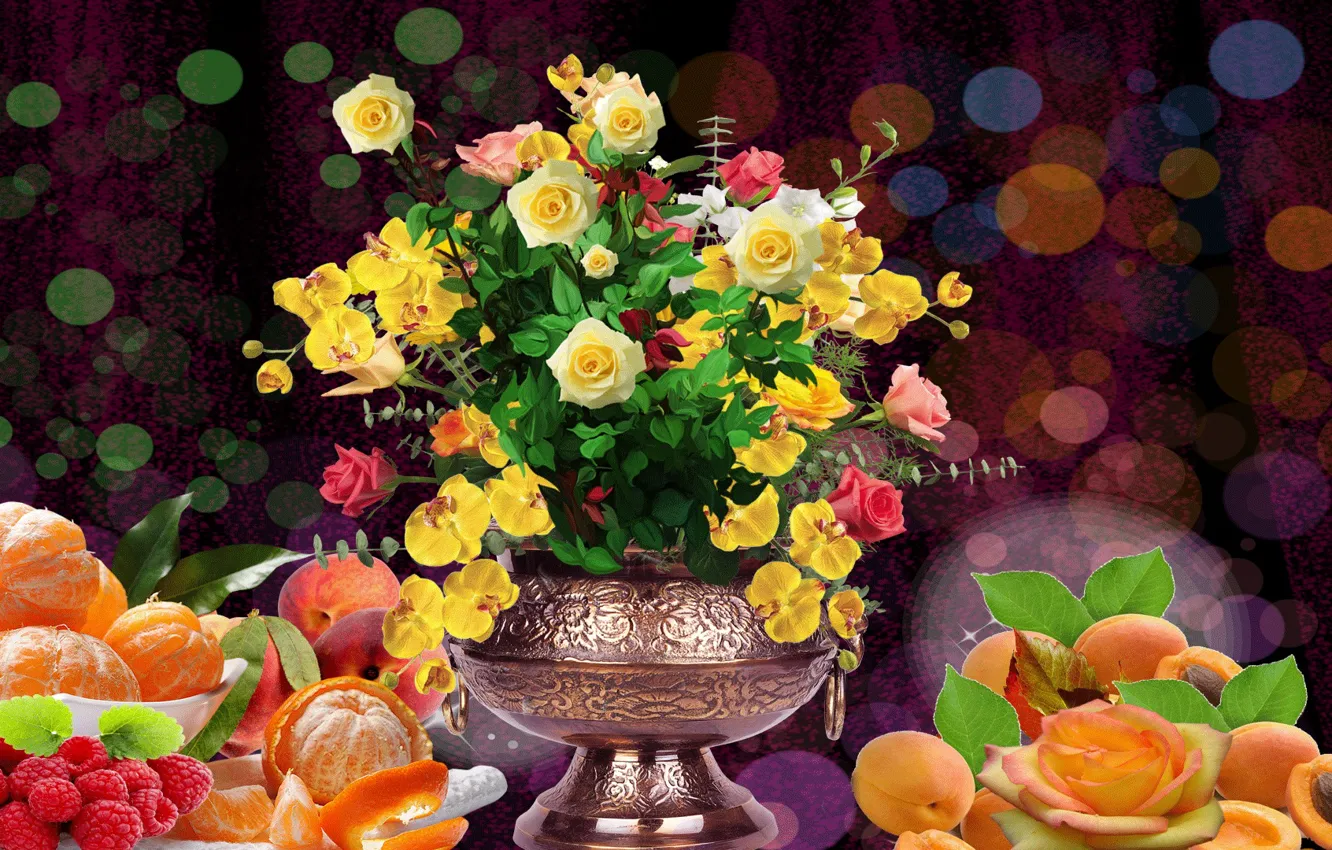 Фото обои цветы, розы, букет, апельсины, ваза, фрукты, Натюрморт