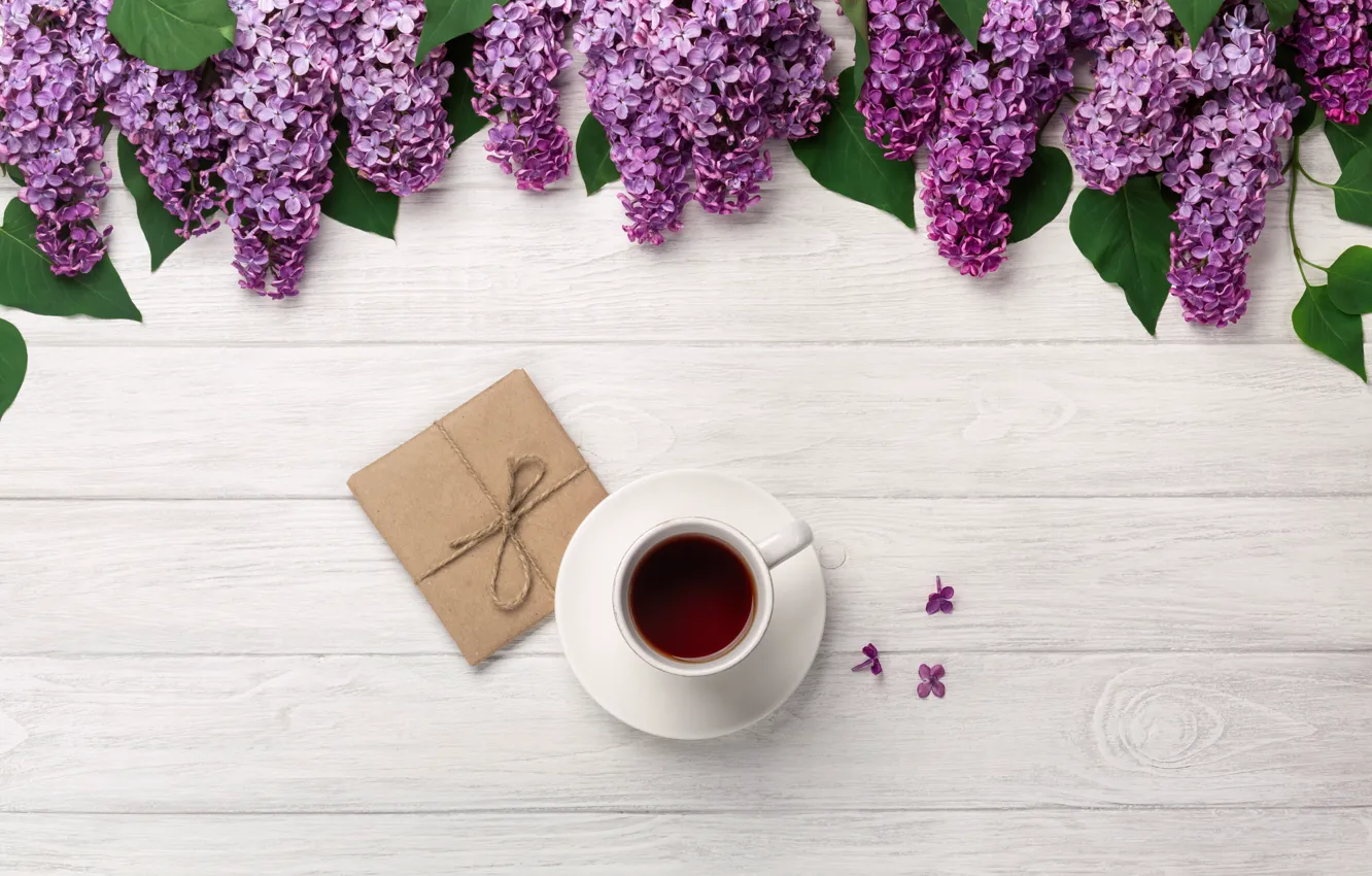 Фото обои цветы, flowers, сирень, romantic, coffee cup, lilac, чашка кофе