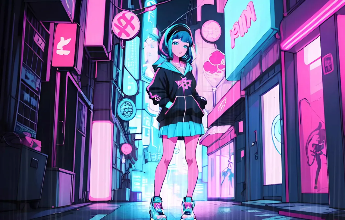 Фото обои city, girl, street, ai art, neon