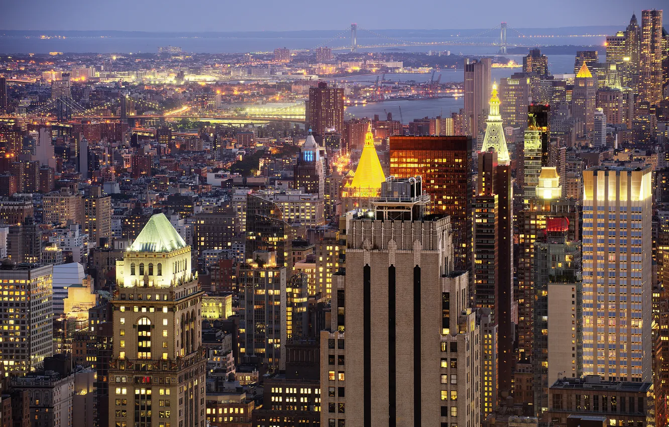 Фото обои мост, огни, небоскреб, дома, Нью-Йорк, вечер, панорама, США