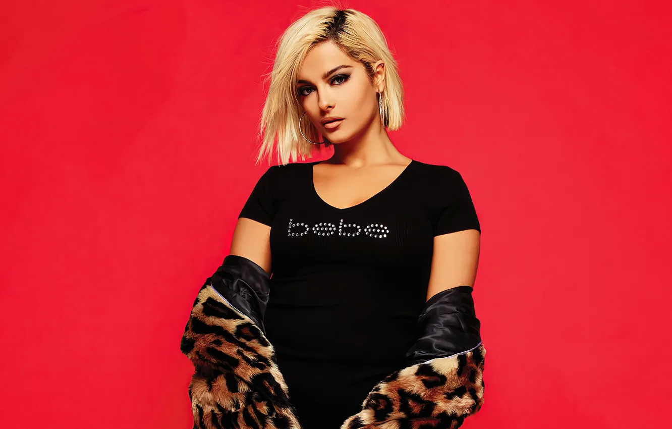 Фото обои Portrait, Makeup, Black dress, Clothes, Earrings, Red background, Bebe Rexha