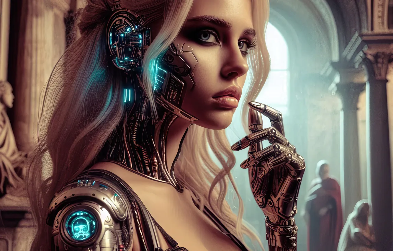 Фото обои girl, fantasy, science fiction, blue eyes, sci-fi, cyberpunk, blonde, digital art