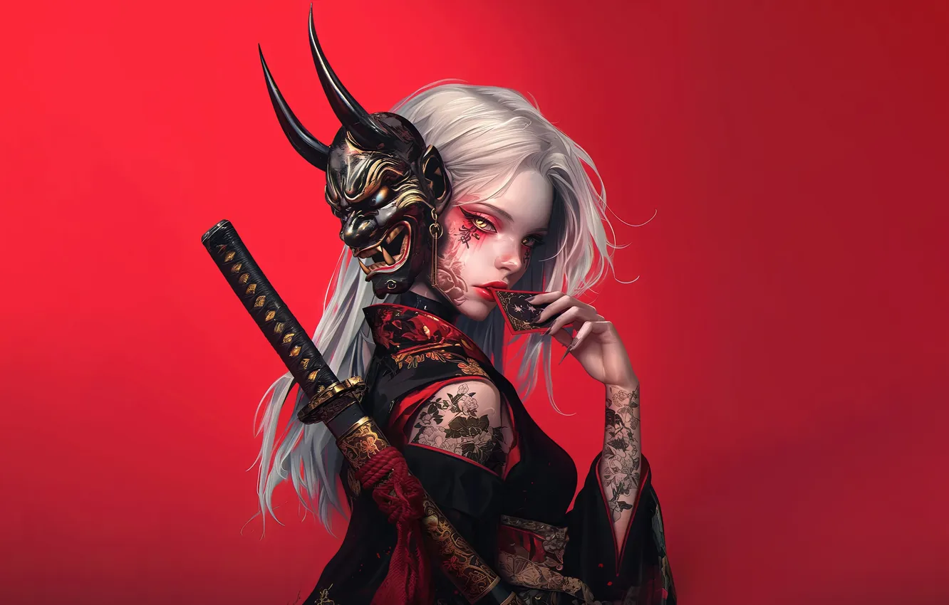 Фото обои AI Art, AI Generated, Anime, Kimono, Girl, Tattoo, Red Background, Mask