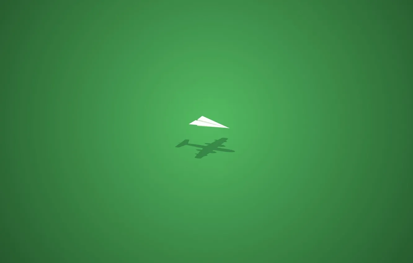 Фото обои зеленый, тень, минимализм, бумажный самолет