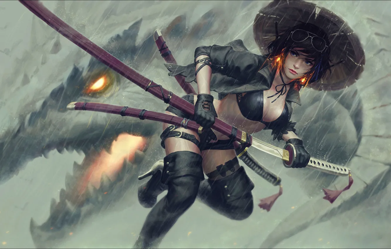 Фото обои Fantasy, Art, Anime, Rain, Samurai, Guweiz