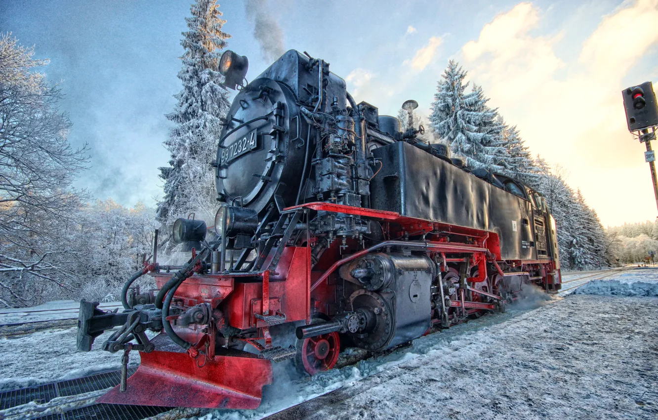 Фото обои зима, снег, пейзаж, паровоз, семафор