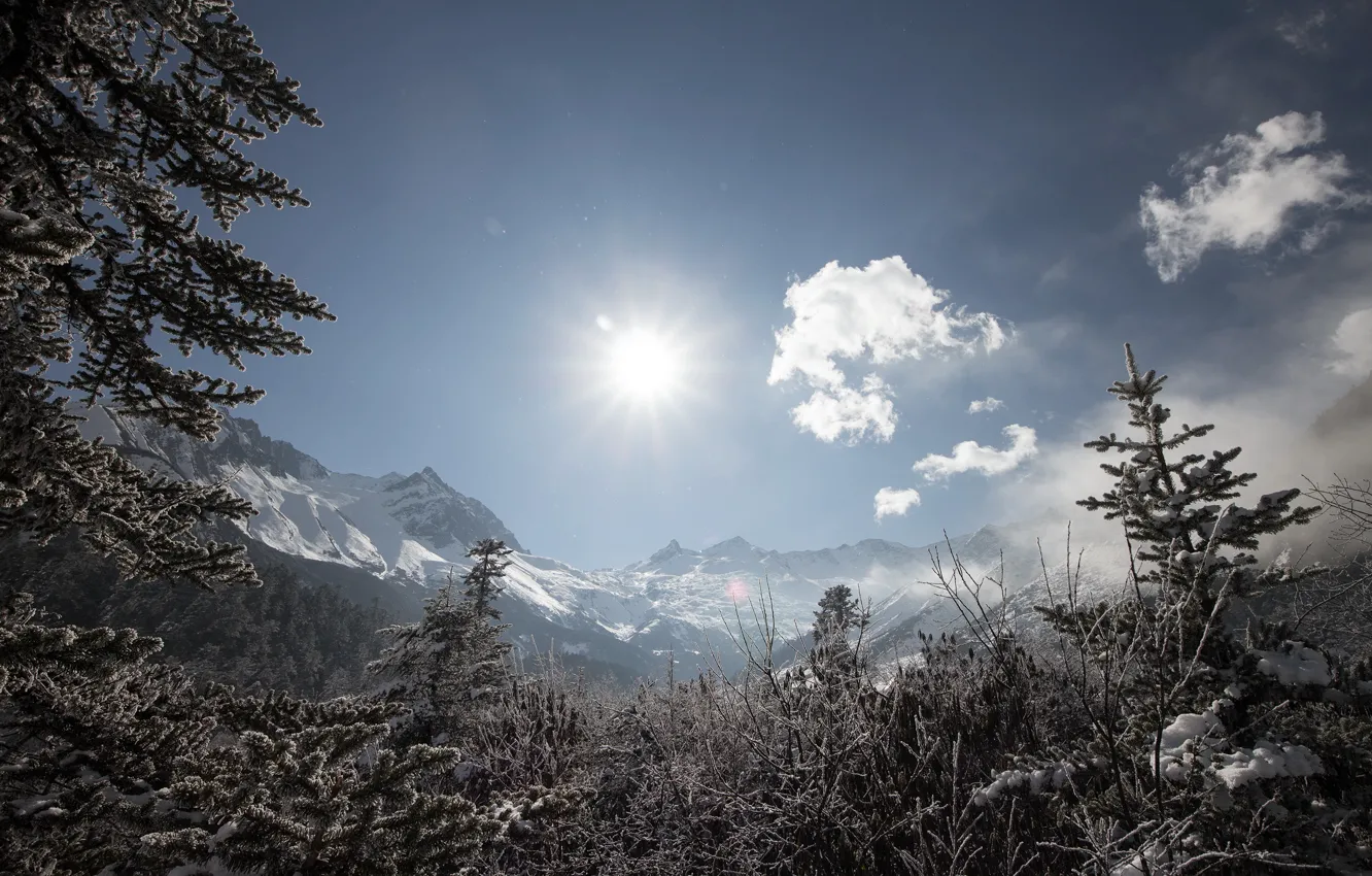 Фото обои солнце, снег, горы, Китай, провинция Сычуань