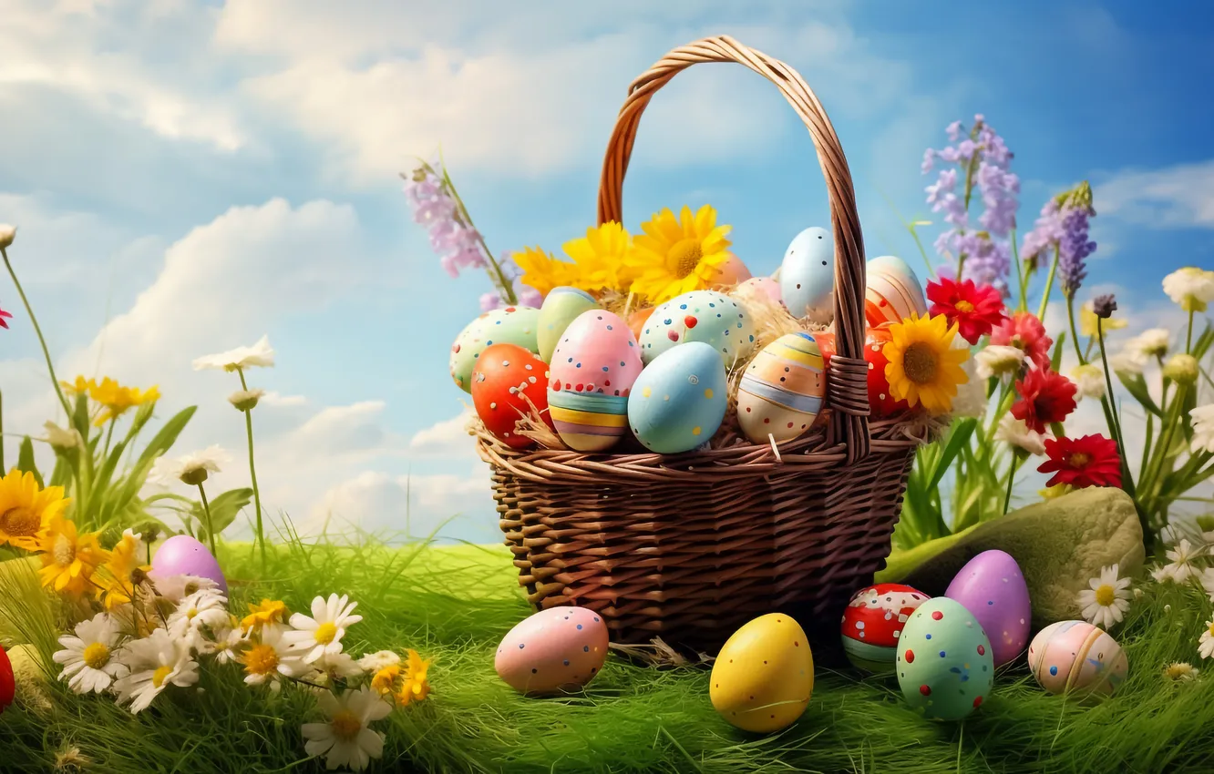 Фото обои цветы, корзина, поляна, яйца, весна, colorful, Пасха, happy
