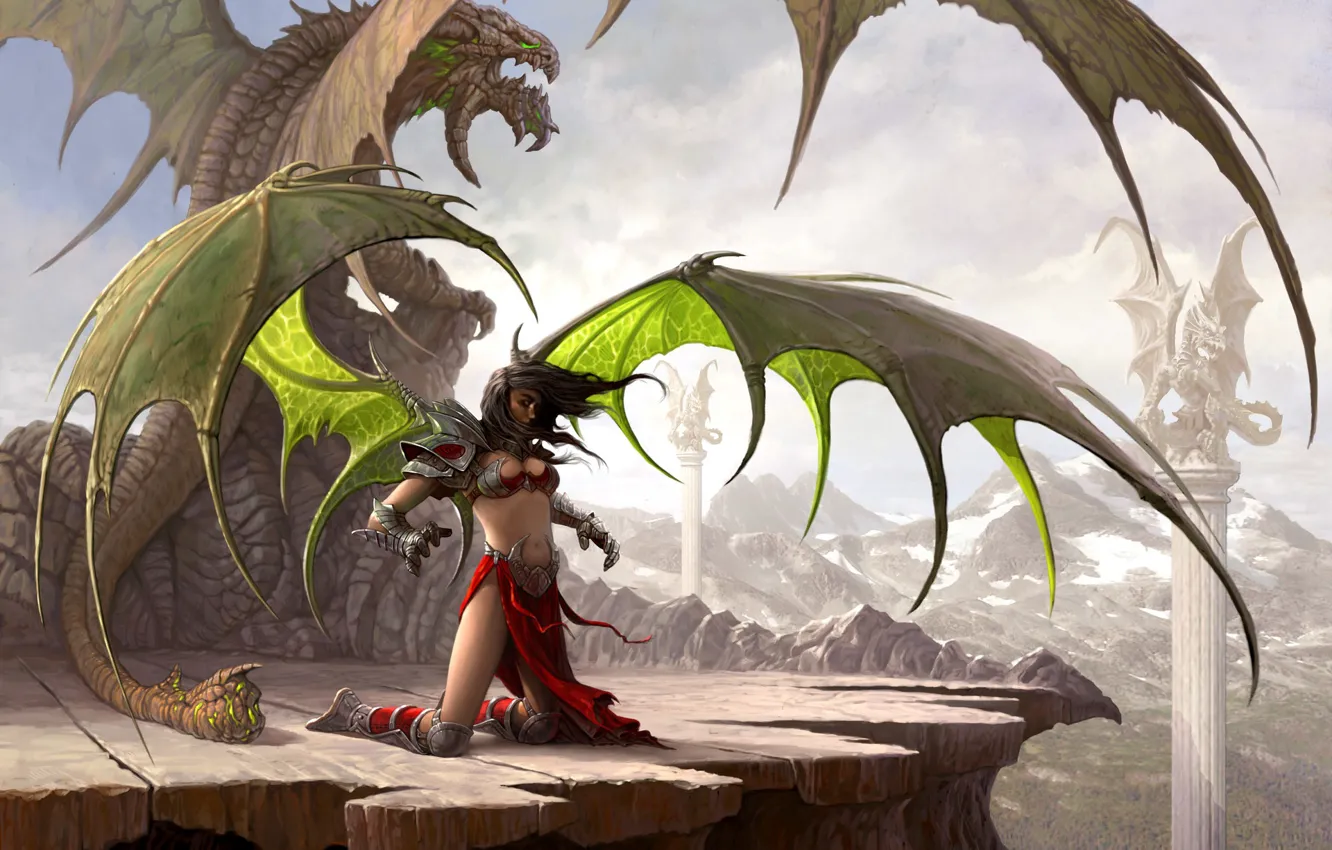 Фото обои горы, женщина, дракон, крылья, колонны, 07645