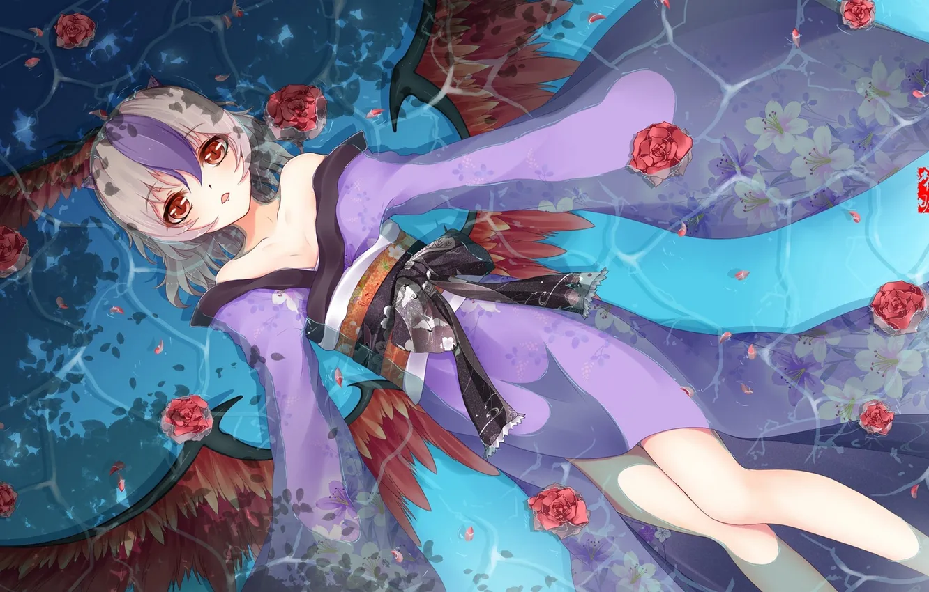 Фото обои вода, девушка, цветы, розы, крылья, аниме, арт, кимоно