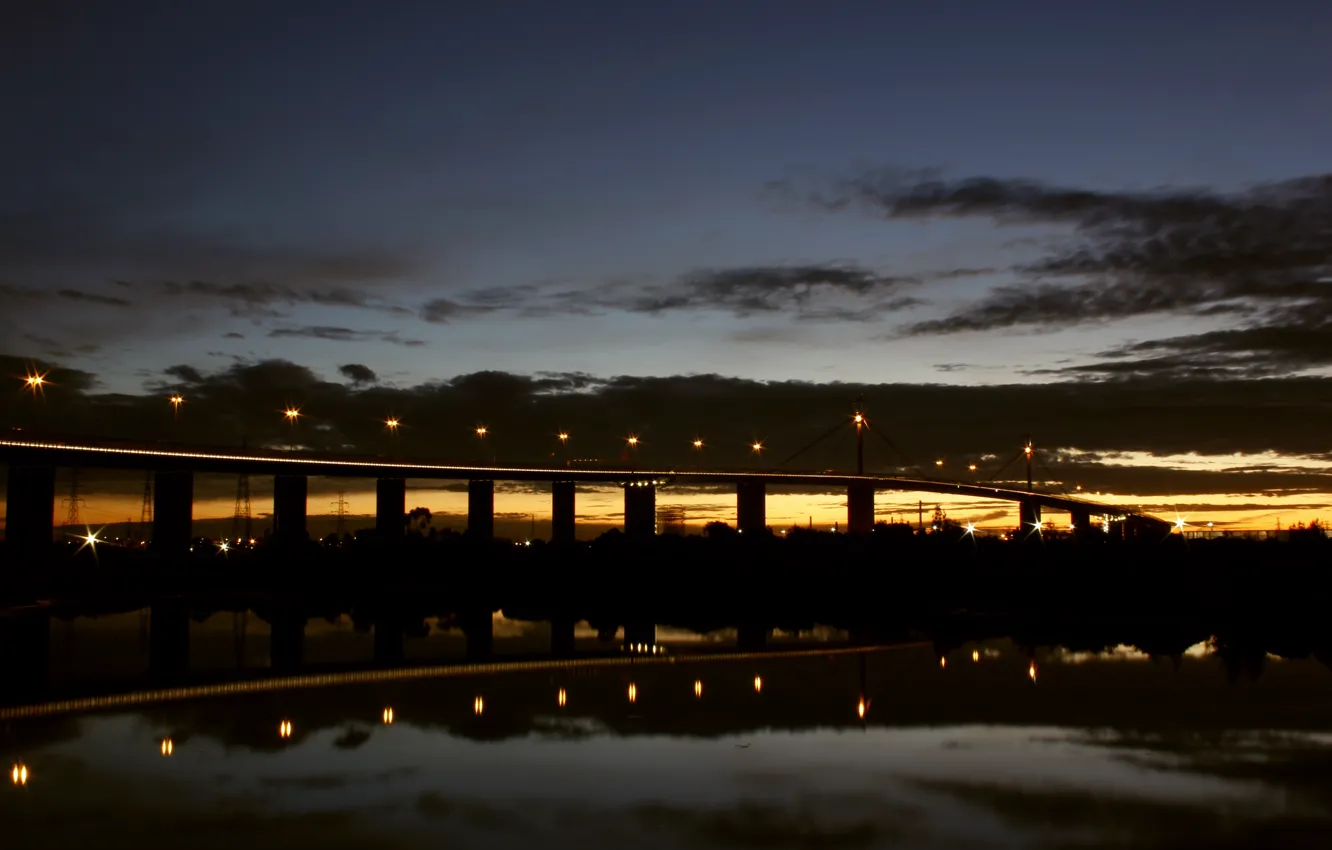 Фото обои закат, мост, фонари, City, сумерки, bridge, sunset