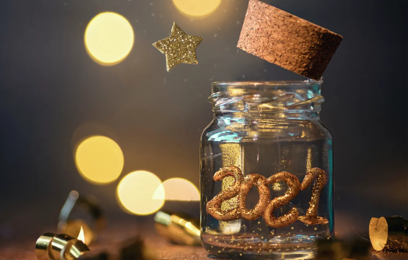 Фото обои праздник, звезда, новый год, банка, боке, 2021