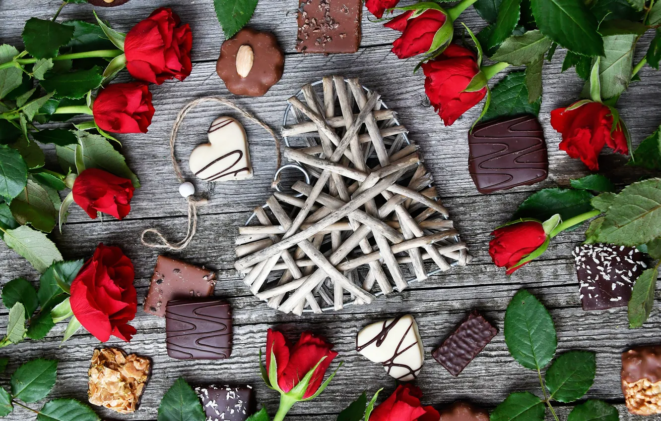Фото обои романтика, розы, конфеты, сердечко, композиция, День всех влюбленных