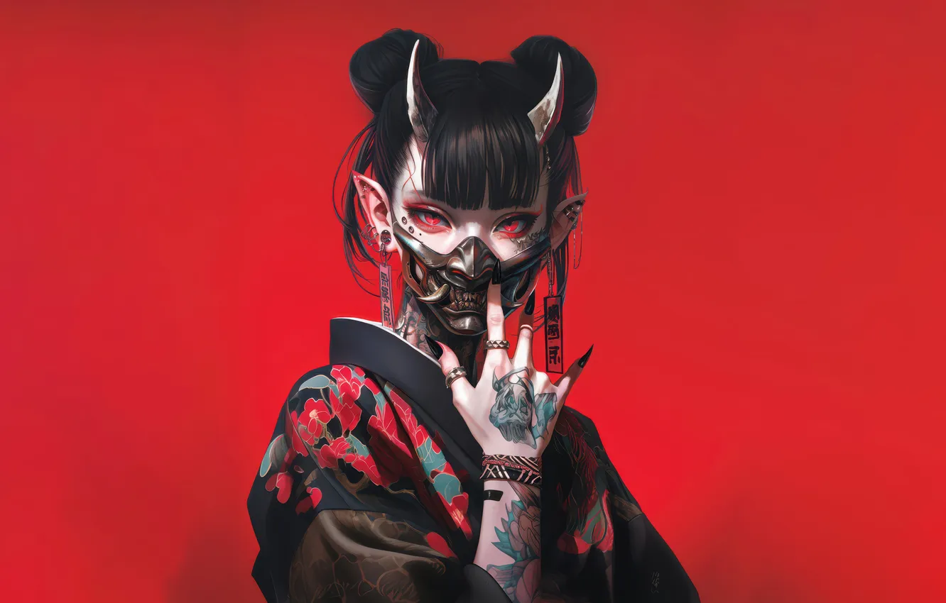 Фото обои Anime, Tattoo, Mask, Demon, Horn, Red Background, Oni Mask, Anime Girl