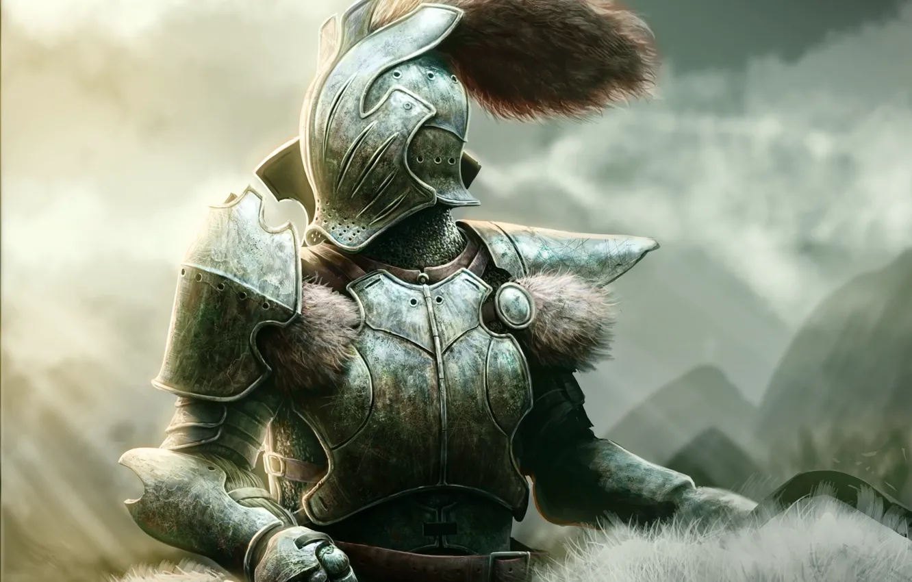 Фото обои воин, арт, хвост, шлем, мех, рыцарь, доспех