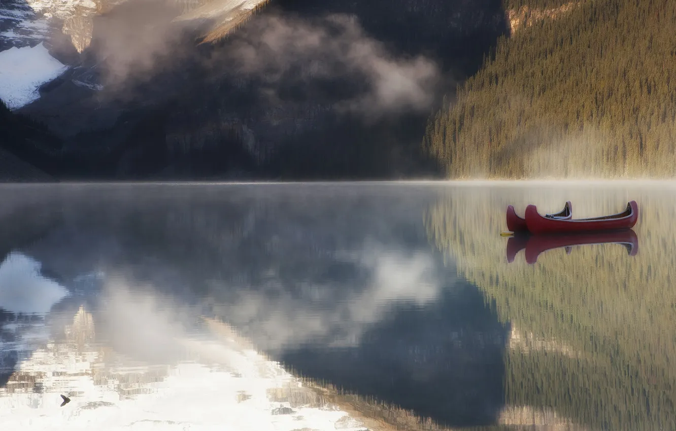 Фото обои Горы, Озеро, Лодка, Утро, Каноэ, Lake Louise, Canada, National Park