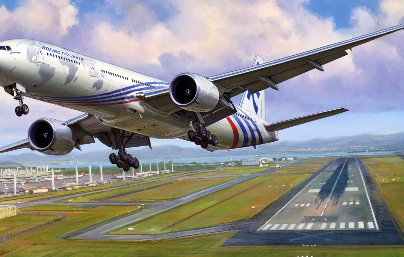 Фото обои рисунок, арт, пассажирский самолёт, жирнов, Extended Range, три семёрки, Triple Seven, Boeing 777-300ER