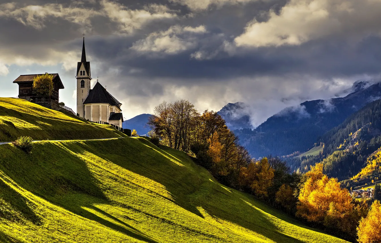 Фото обои осень, деревья, горы, Швейцария, Альпы, холм, церковь, Switzerland