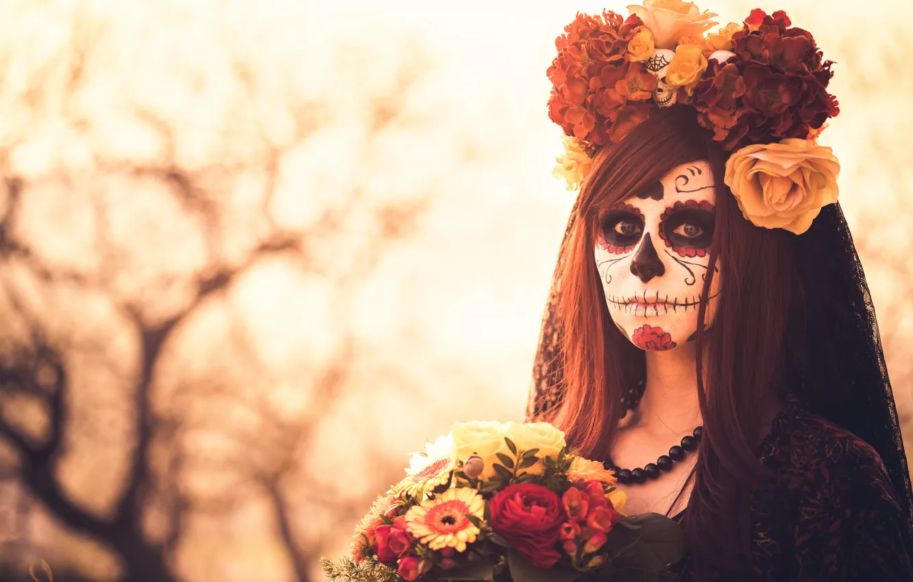Фото обои цветы, макияж, грим, Dia de los muertos