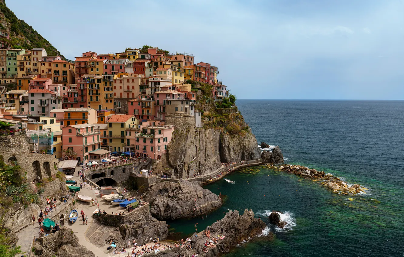 Фото обои Дома, Море, Скала, Италия, Manarola