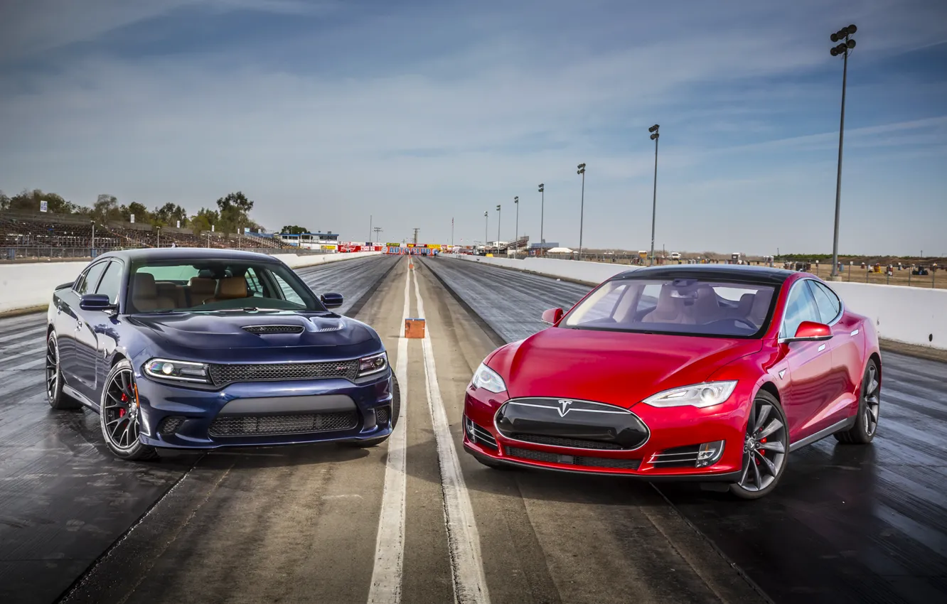 Фото обои Dodge, додж, Charger, Tesla, чарджер, SRT, Model S, 2015