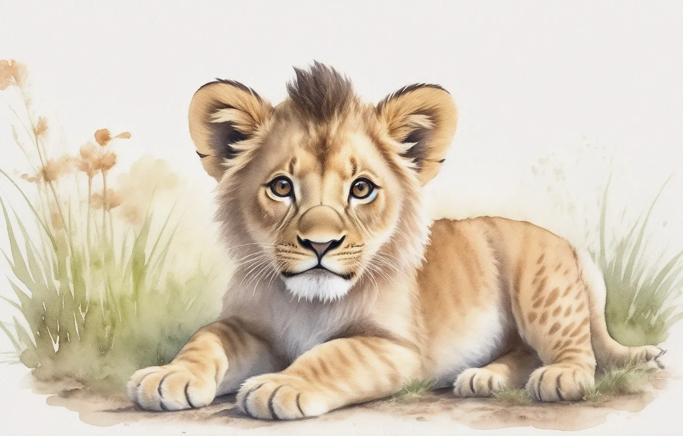Фото обои животное, рисунок, лев, пушистый, акварель, милый, львенок, lion