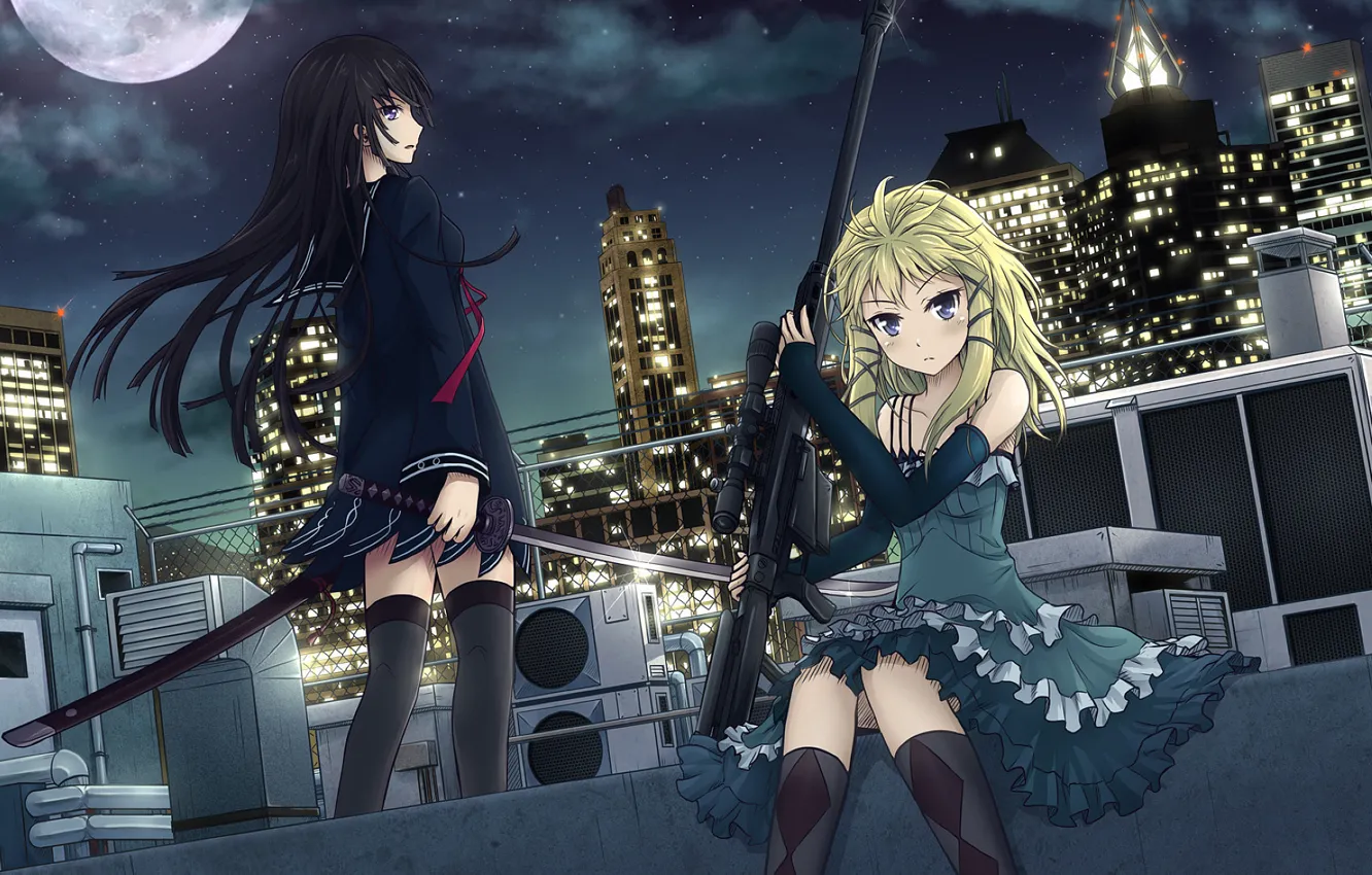 Фото обои оружие, девушки, меч, anime, art, снайперская винтовка, Black Bullet, Черная пуля