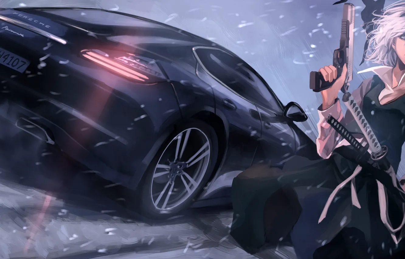 Фото обои машина, девушка, снег, пистолет, оружие, меч, катана, арт