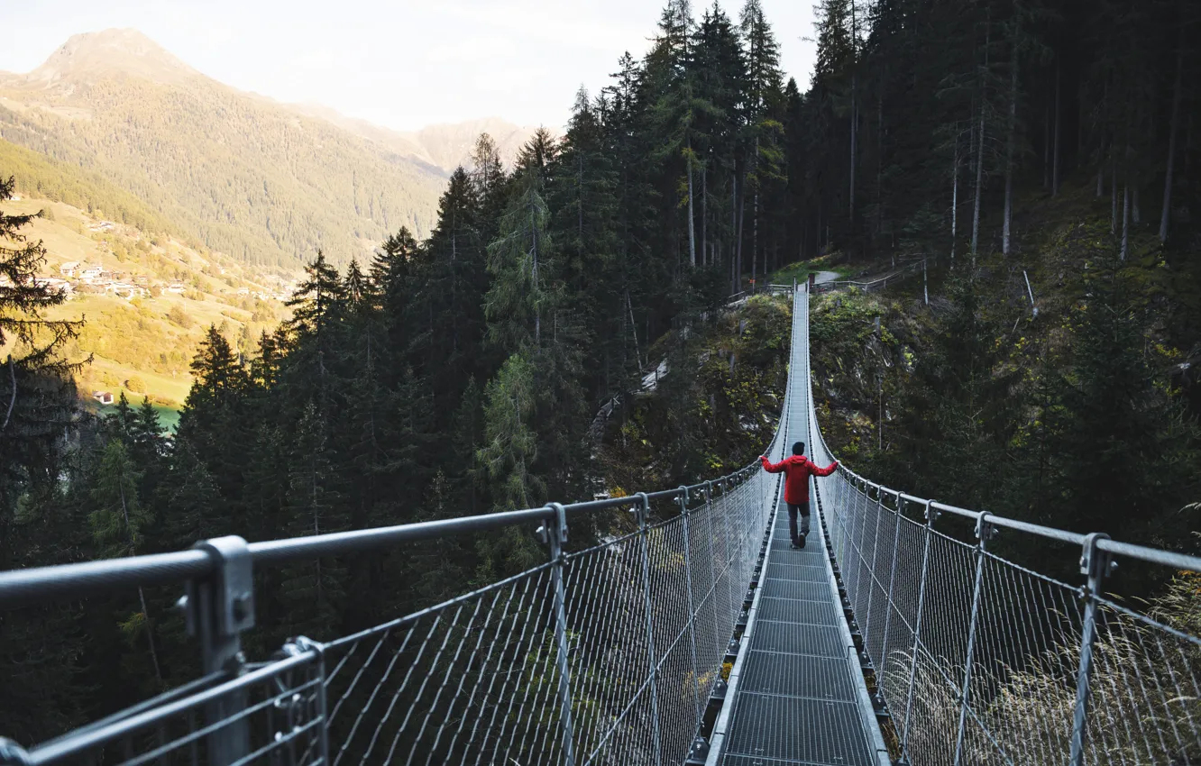 Фото обои Мост, Осень, Деревья, Мужчина, Autumn, Suspension bridge, Northern Italy, Подвесной мост