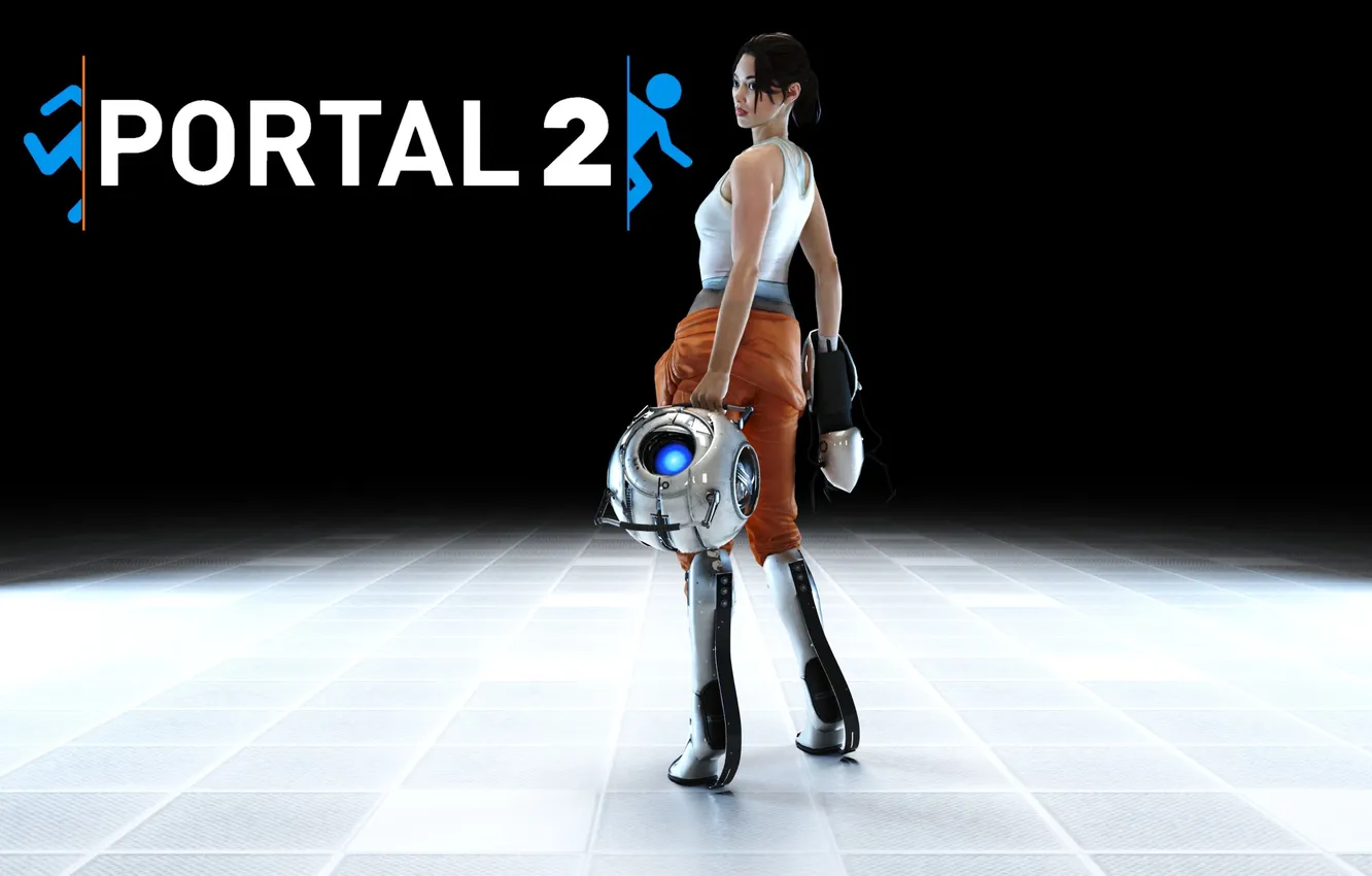 Фото обои девушка, надпись, робот, черный фон, Portal 2, Chell, Уитли