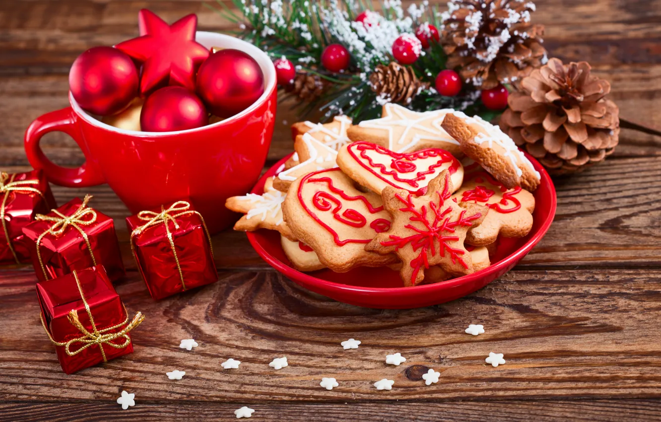 Фото обои украшения, шары, печенье, Рождество, Новый год, Christmas, шишки, выпечка