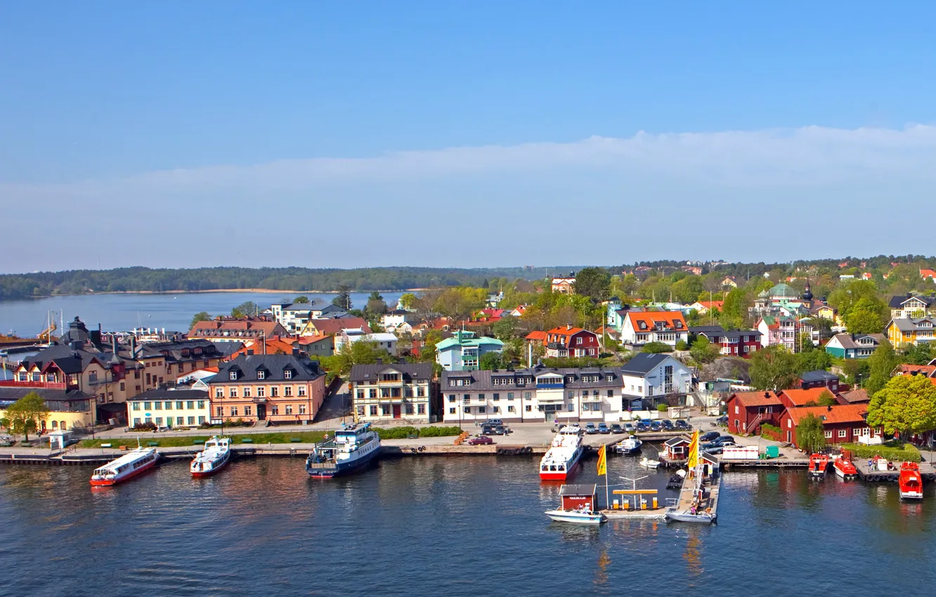 Фото обои город, побережье, причал, пирс, Швеция, Vaxholm