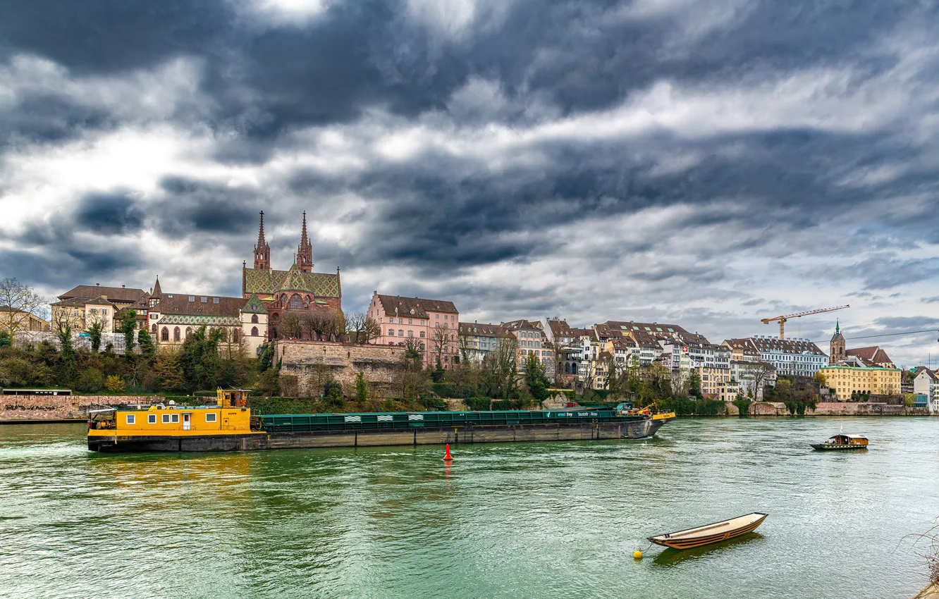 Фото обои небо, река, здания, дома, Швейцария, Switzerland