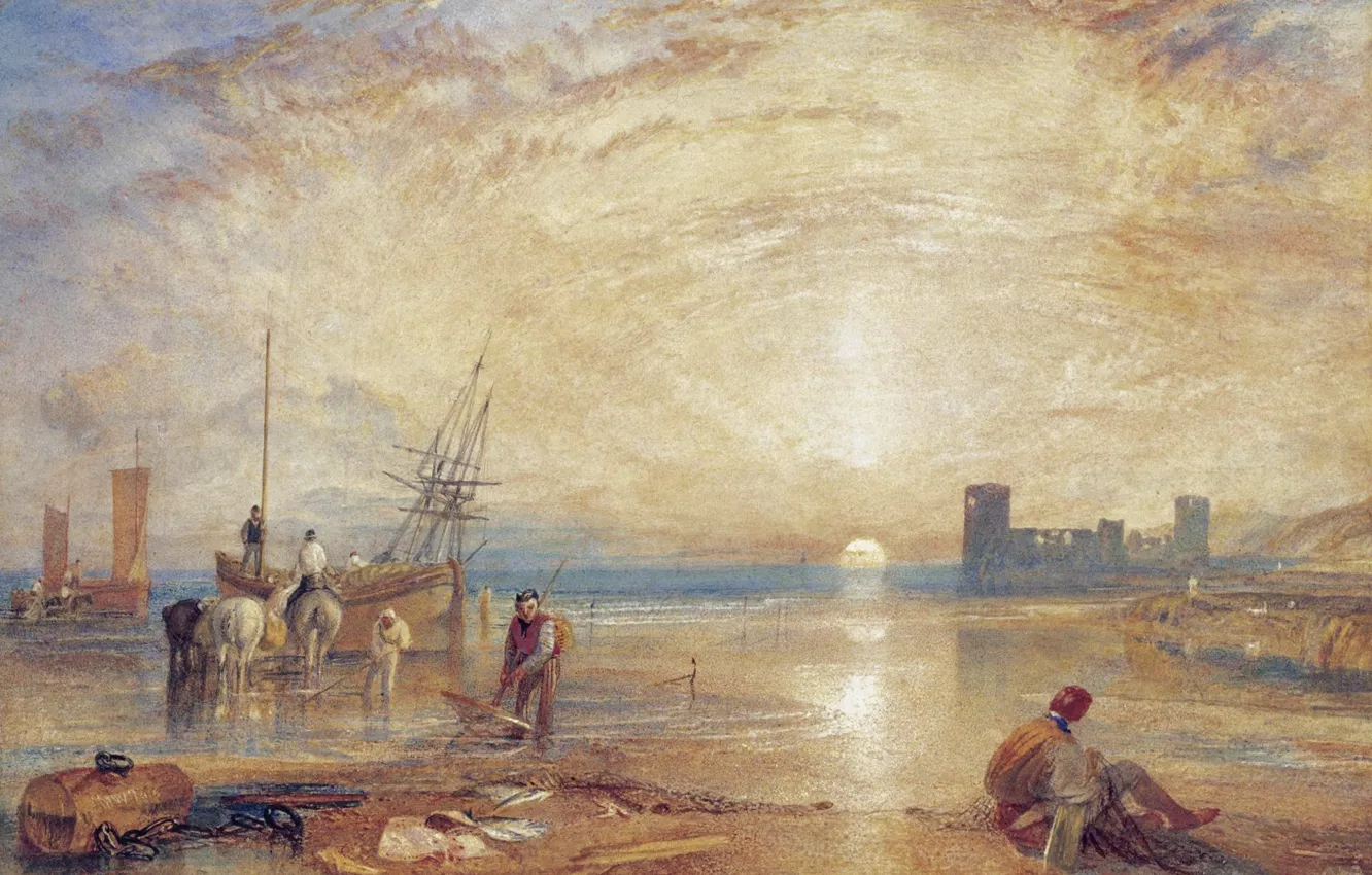 Фото обои солнце, закат, люди, берег, лодка, корабль, картина, парус