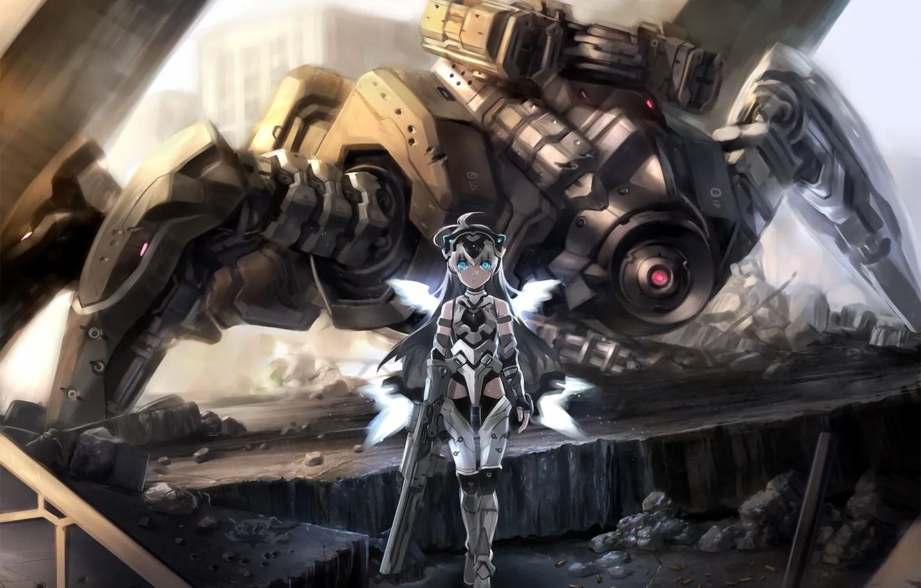 Фото обои город, оружие, робот, крылья, девочка, меха