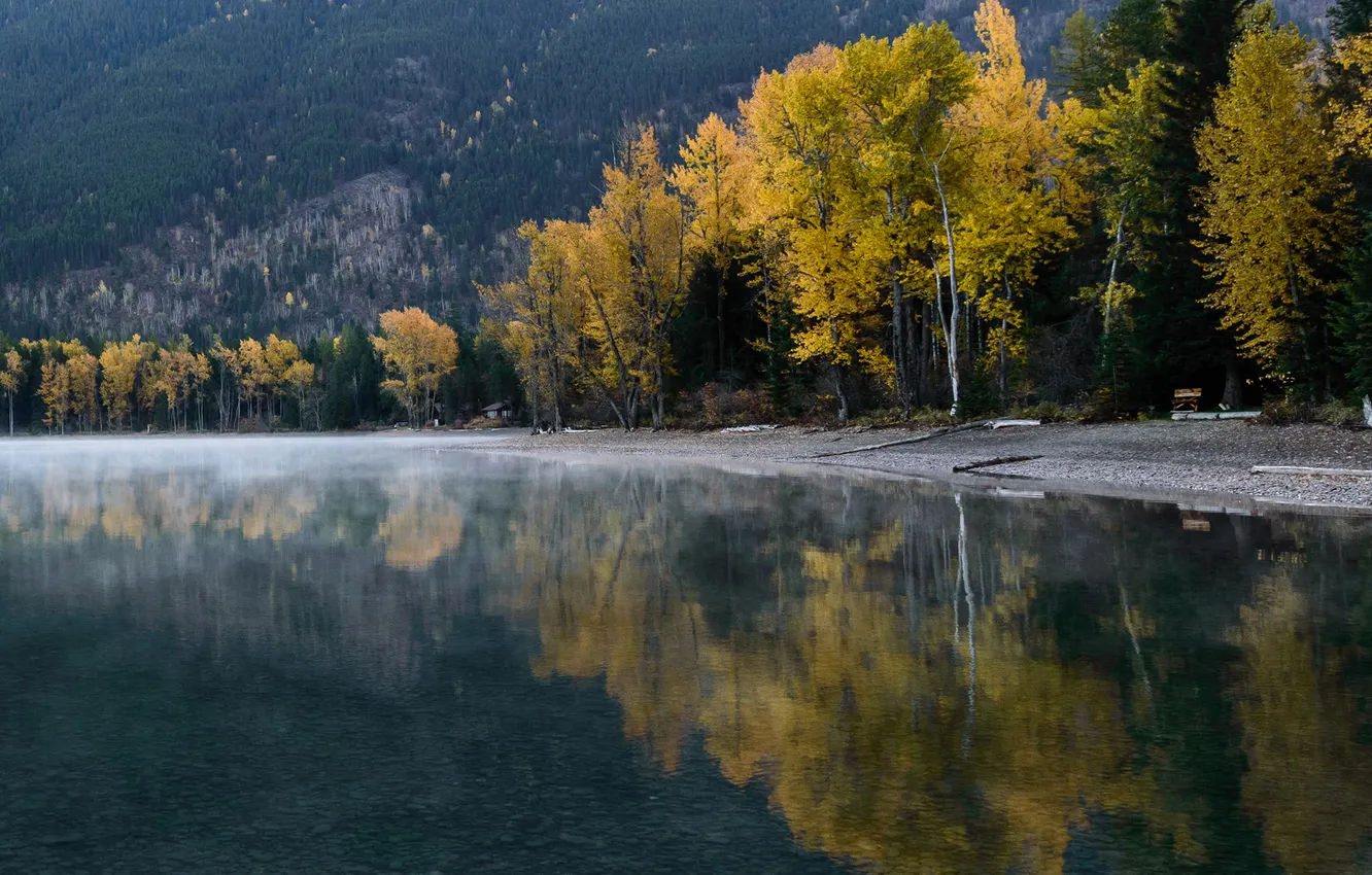 Фото обои осень, деревья, горы, озеро, дом, склон