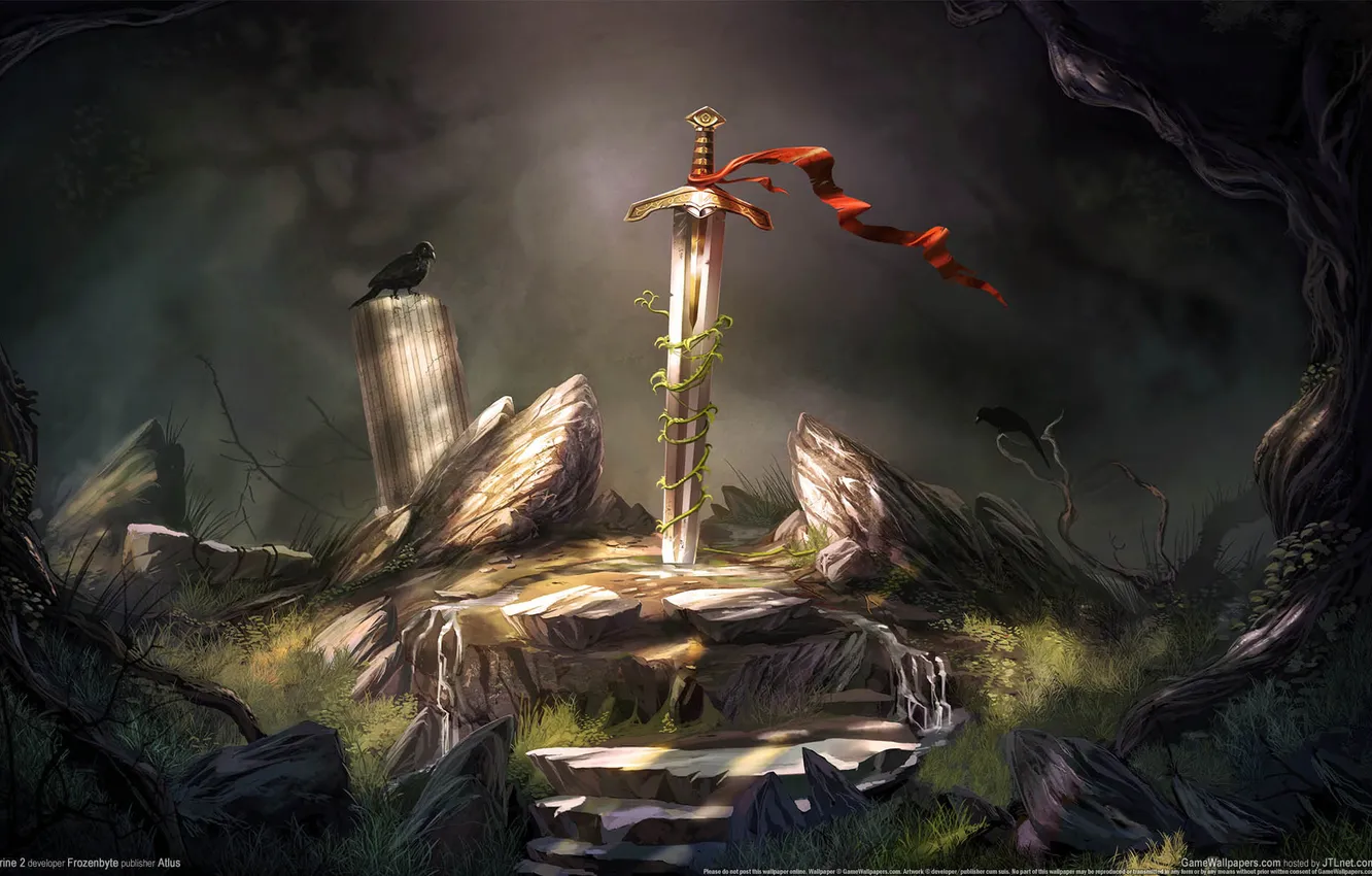 Фото обои камни, птица, меч, лента, колонны, ворон, trine 2