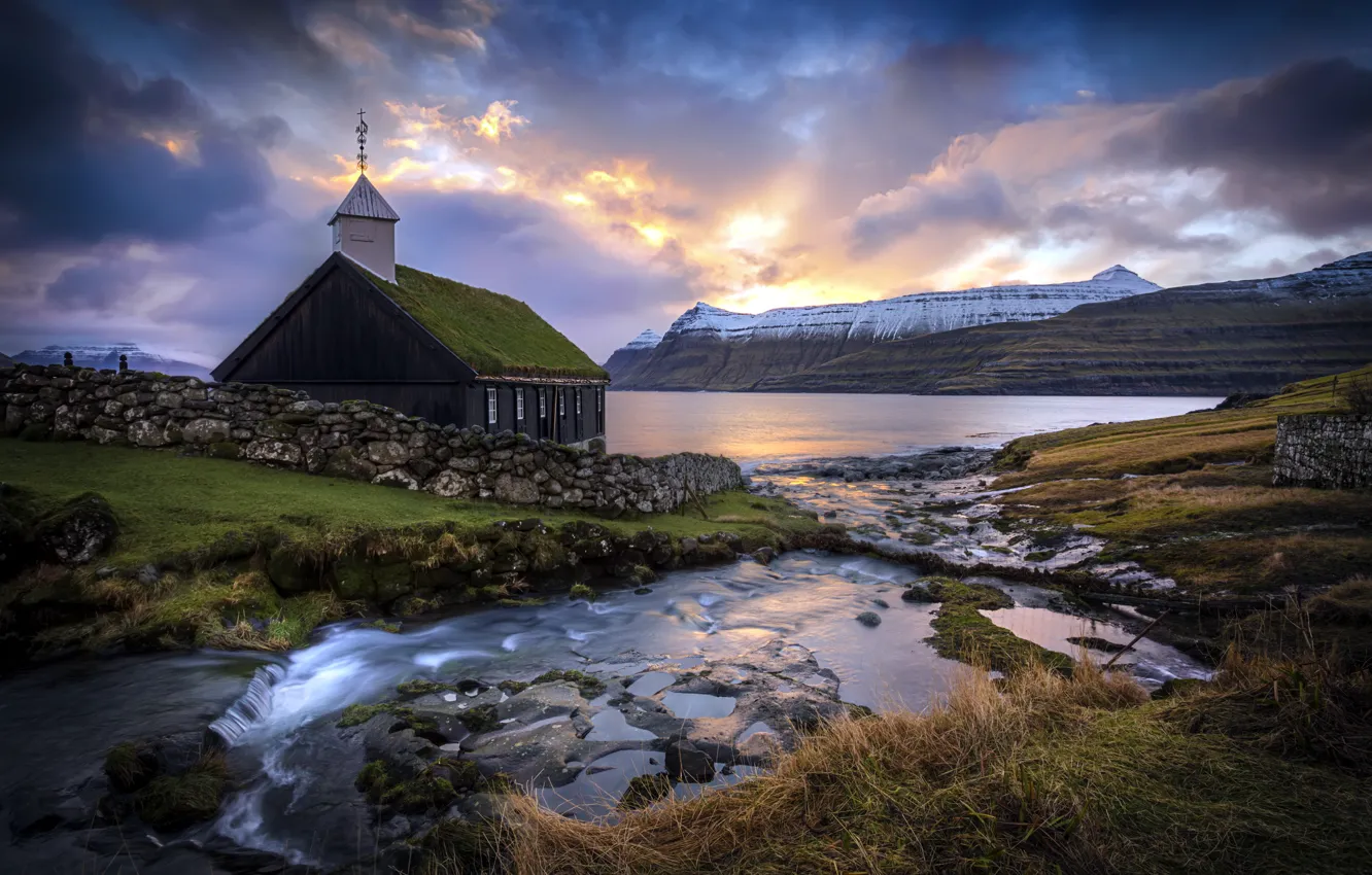Фото обои Sunrise, Church, Faroe Island