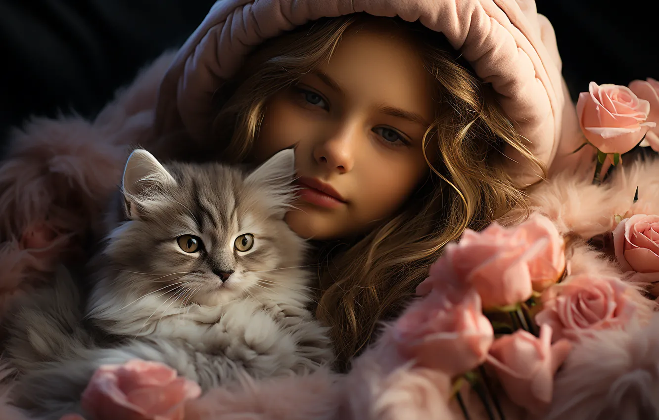 Фото обои кошка, взгляд, цветы, портрет, розы, девочка, котёнок, ИИ-арт