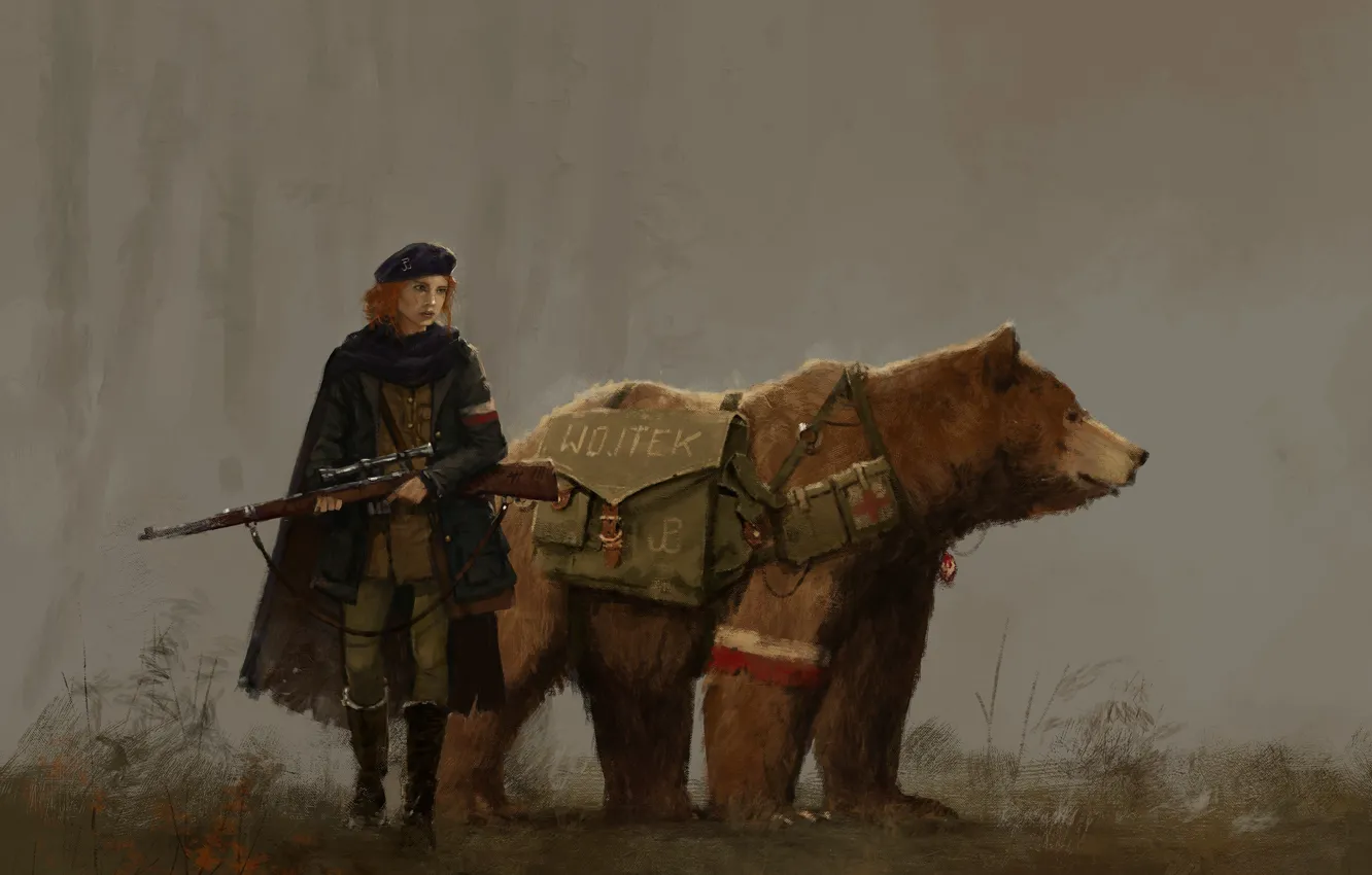 Фото обои gun, game, bear, weapon, woman, cross, uniform, seifuku