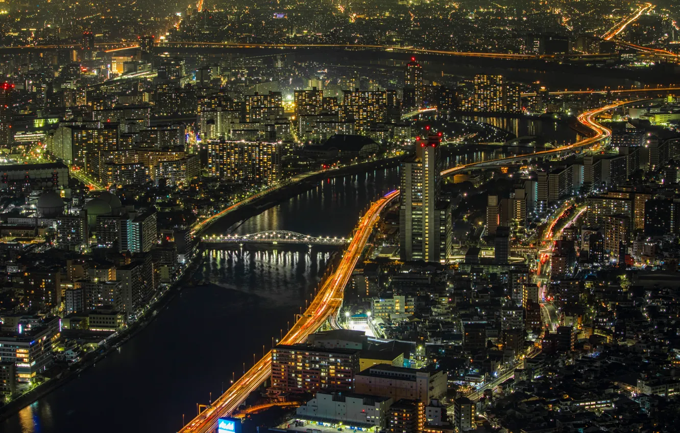 Фото обои огни, дома, небоскребы, панорама, Tokyo, мегаполис