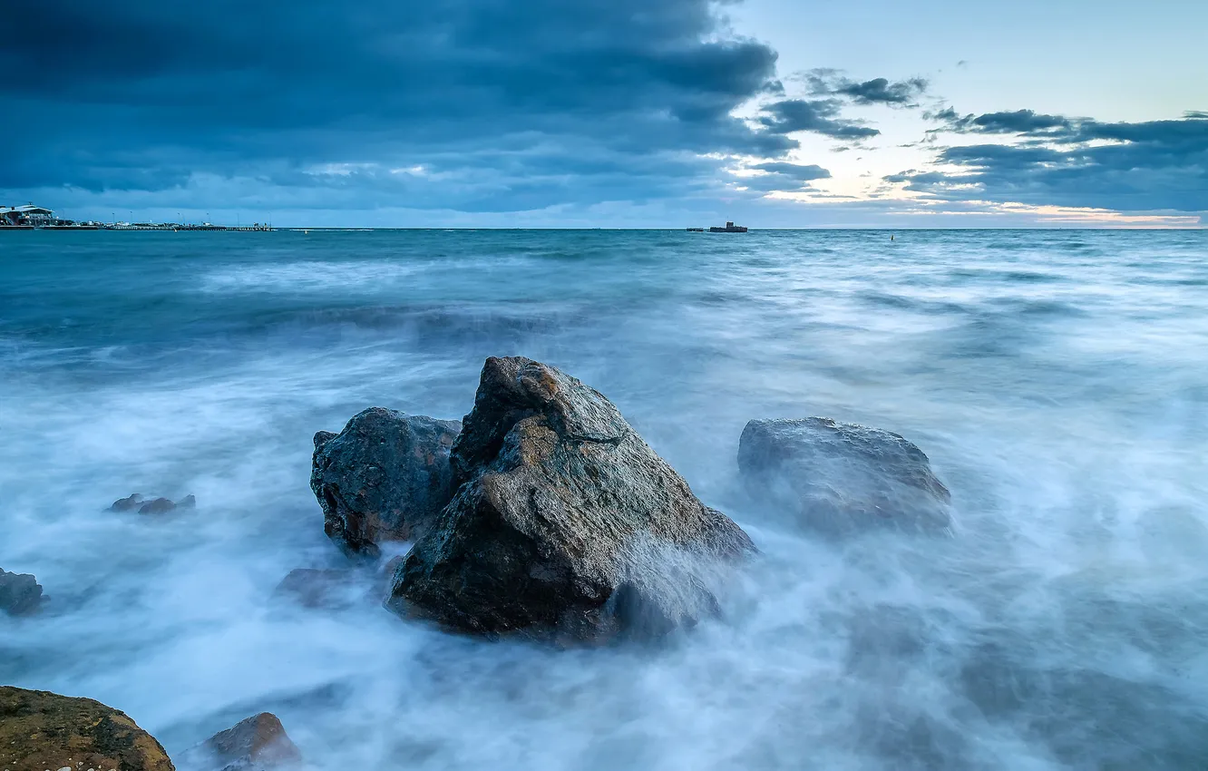 Фото обои море, волны, закат, камни