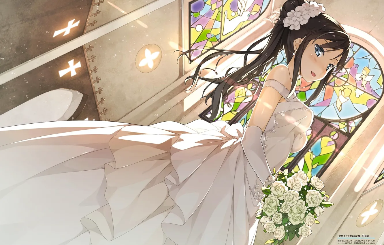 Фото обои витражи, невеста, фата, свадебное платье, букет невесты, церьковь, Hentai Ouji to Warawanai Neko, Принц хентая …