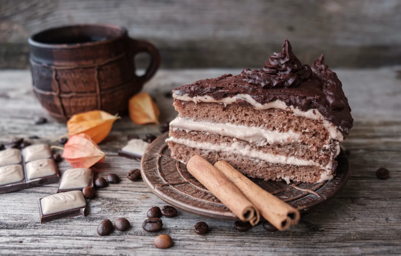 Фото обои кофе, шоколад, зерна, чашка, торт, корица, cake, крем