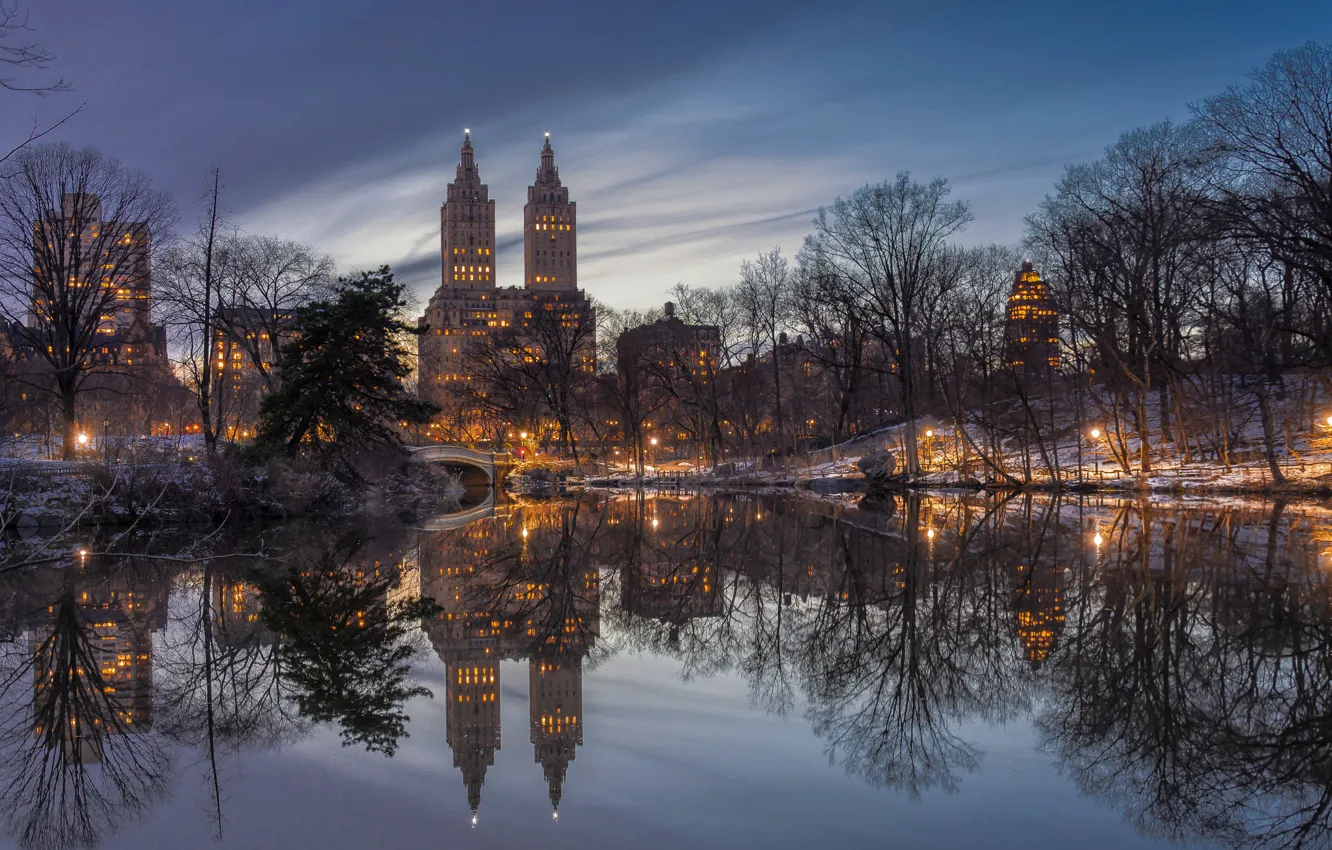 Фото обои деревья, озеро, парк, отражение, здания, Нью-Йорк, Манхэттен, Manhattan
