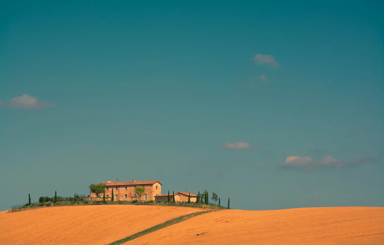 Фото обои поле, небо, деревья, дом, Италия, ферма, Тоскана