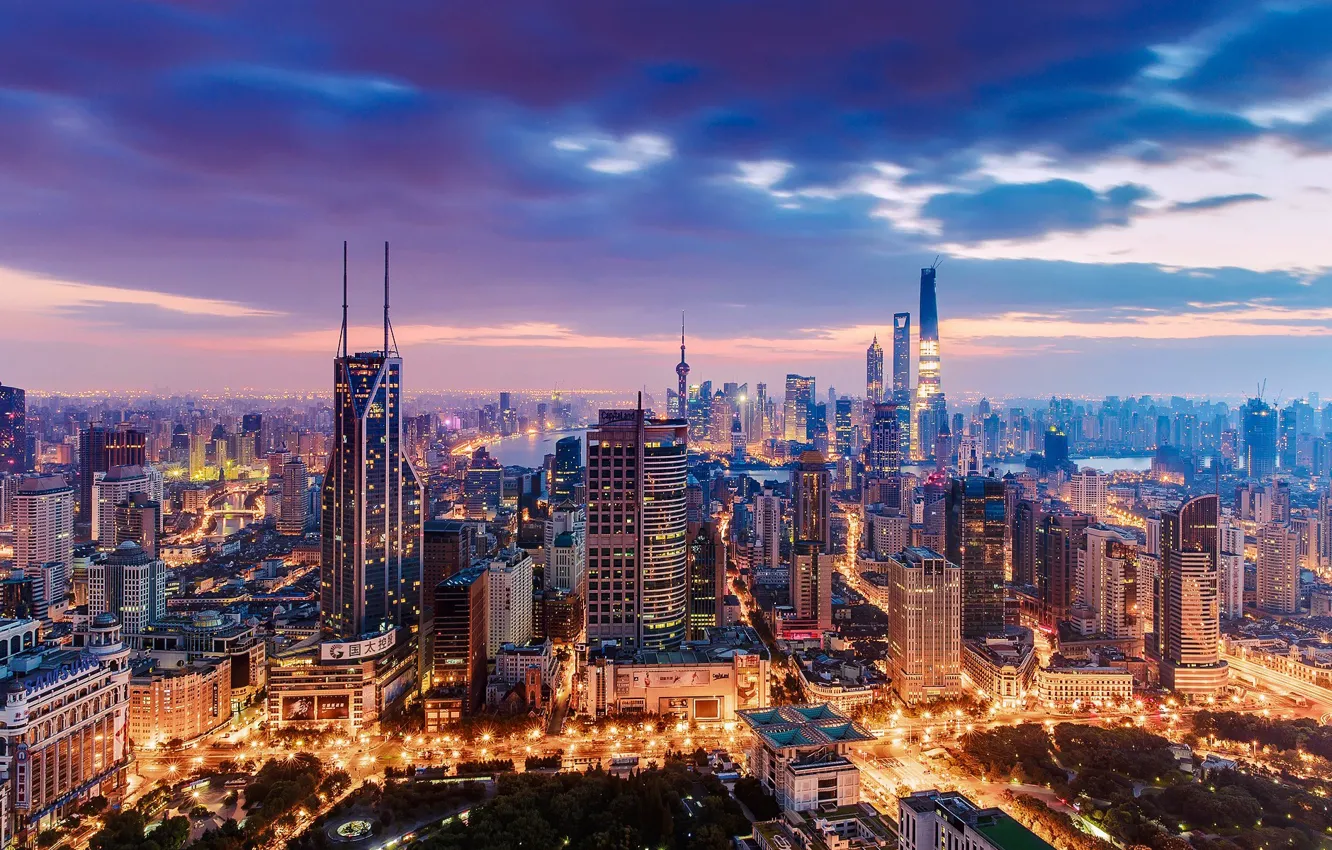 Фото обои city, lights, China, Shanghai, twilight, sky, sunset, clouds