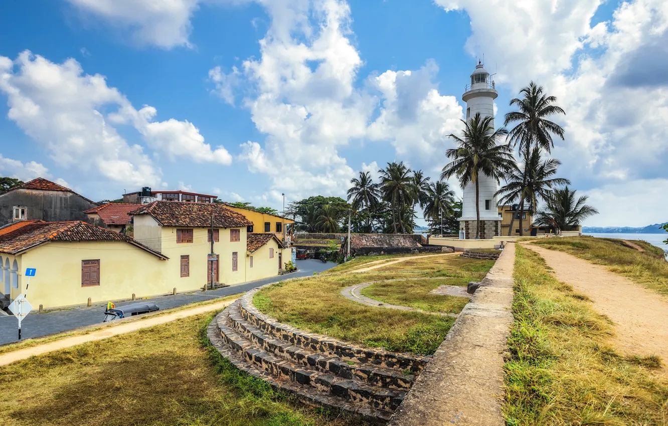 Фото обои небо, солнце, облака, тропики, пальмы, маяк, Шри-Ланка, Galle fort